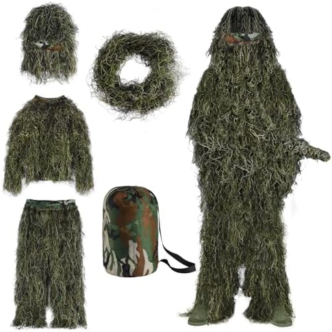 5-in-1 Ghillie Suit 3D Camo Hunting Jacket Pants Hood Bag